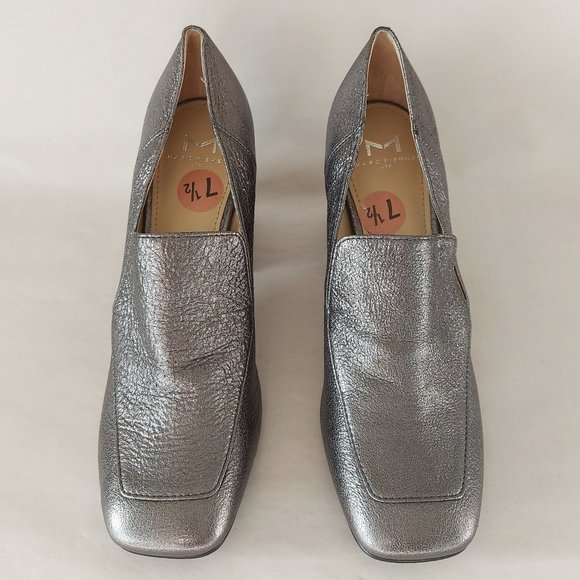 Marc Fisher Ltd Metallic Pumps Leather Square toe Block Heels Marlo Gray Shoes - Picture 2 of 11